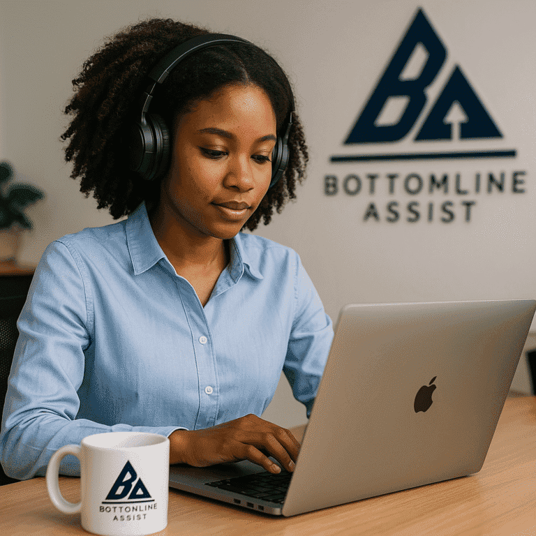 African professionals working on MacBooks in Bottomline Assist’s branded outsourcing and BPO workspace