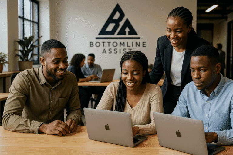 Bottomline Assist outsourced African BPO team collaborating in an open startup workspace