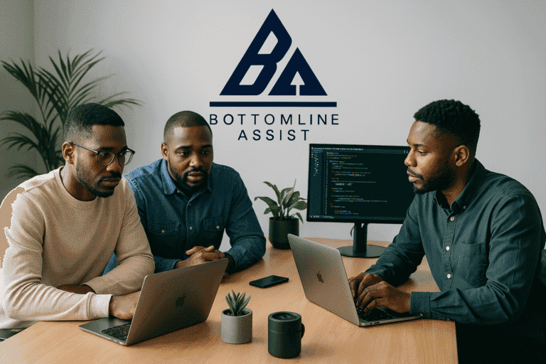 Outsourced African developers coding on MacBooks in a tech-enabled BPO workspace at Bottomline Assist