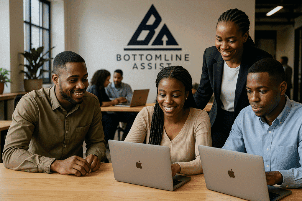 Bottomline Assist outsourced African BPO team collaborating in an open startup workspace
