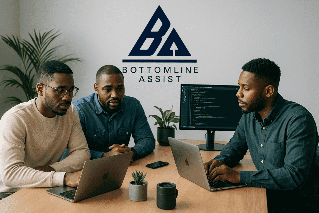 Outsourced African developers coding on MacBooks in a tech-enabled BPO workspace at Bottomline Assist