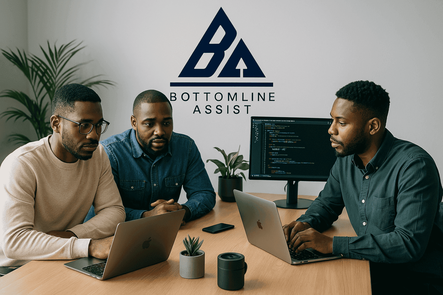 Outsourced African developers coding on MacBooks in a tech-enabled BPO workspace at Bottomline Assist